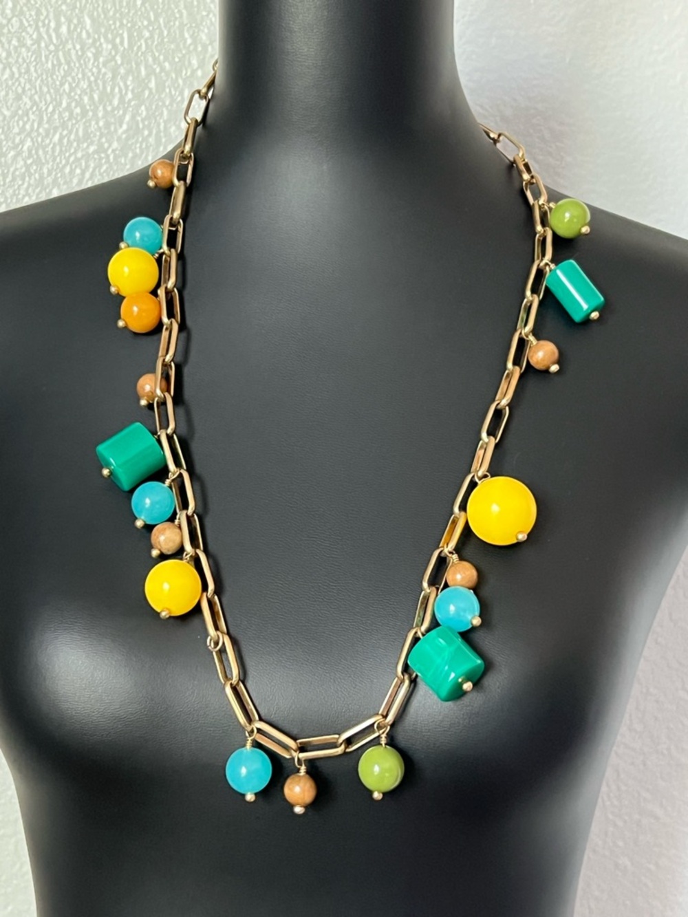 J. Crew Gold Link Necklace with Yellow, Turquoise & Green Beads